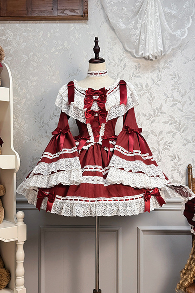Wine Red [Rabbit Sleeping Doll] Long Trumpet Sleeves Ruffle Bowknot Lace Sweet Lolita Dress - Product - 6