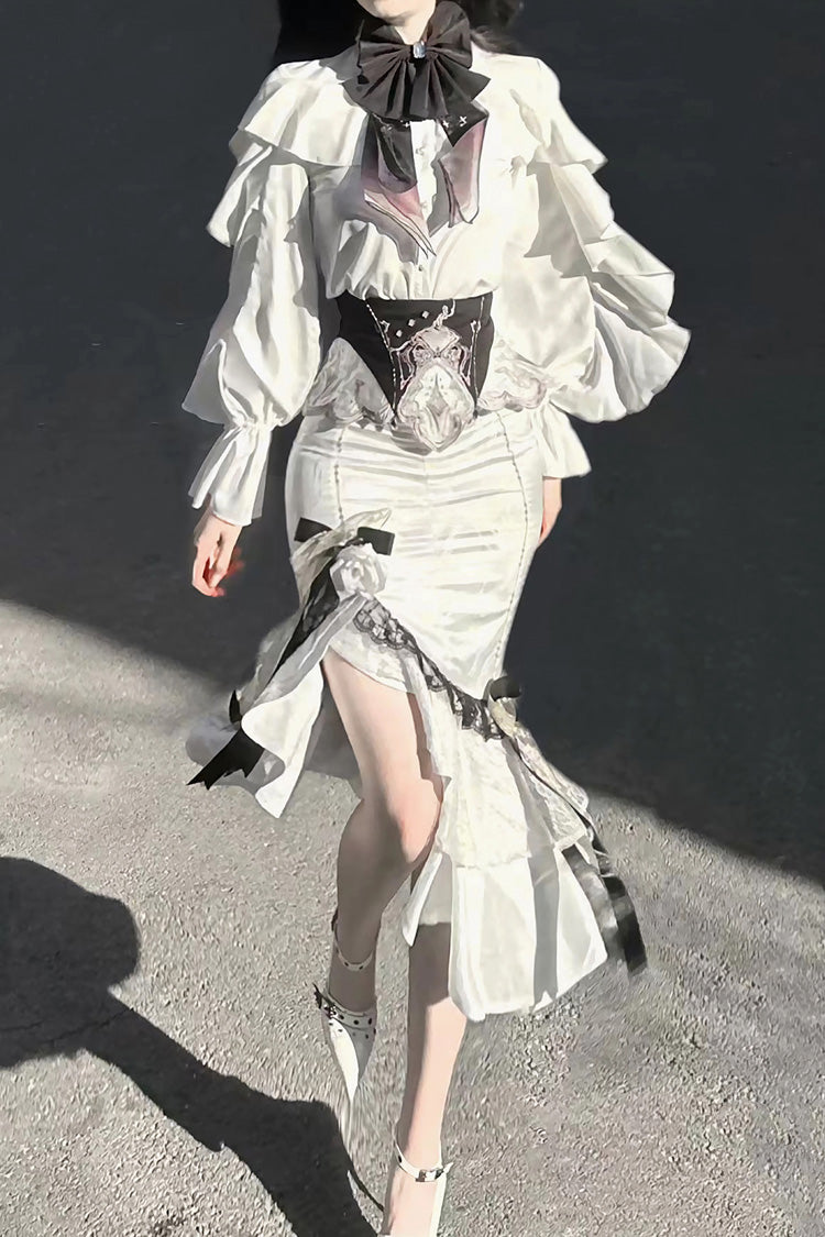 White [Star Gate] Jacquard Embroidery Bowknot Irregular Sweet Elegant Princess Lolita Skirt - Product - 15