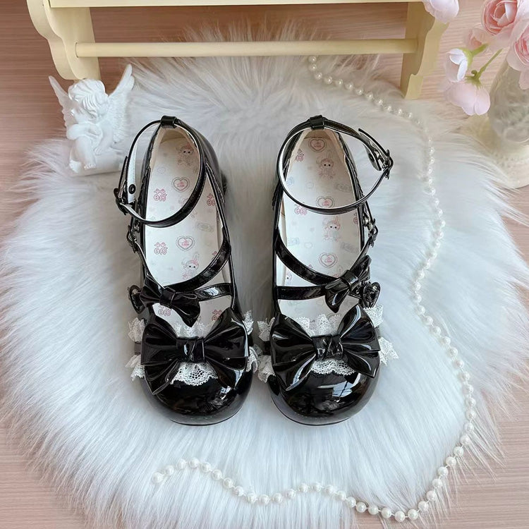 Bowknot Cross Bandage Kitten Shaped Special Heel Mid-Heel Shoes 5 Colors - Black - 2