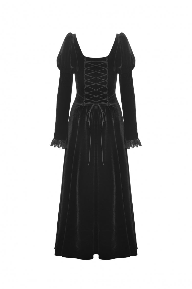 Black Round Collar Long Puff Sleeves Lace Lace-Up Hem High Low Women's Gothic Velvet Wedding Dress - Product - 12