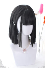 Black Air Bangs Medium Straight Hair Sweet Lolita Wig - Black - 1