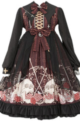 Black/Red Lapel Collar Long Sleeves High Waisted Printed Gothic Lolita OP Dress - Product - 8