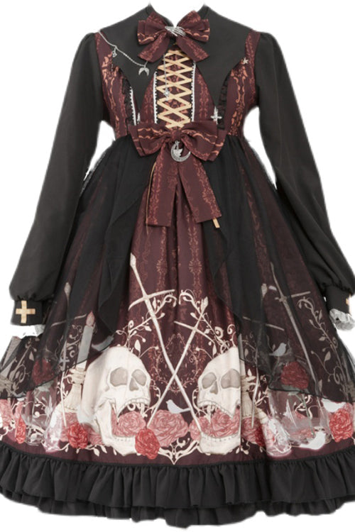 Black/Red Lapel Collar Long Sleeves High Waisted Printed Gothic Lolita OP Dress - Product - 8