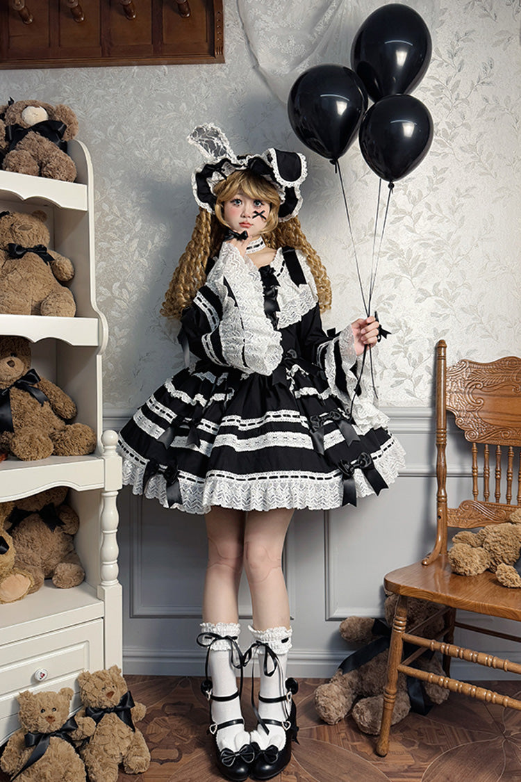 Black [Rabbit Sleeping Doll] Long Trumpet Sleeves Ruffle Bowknot Lace Sweet Lolita Dress - Product - 4