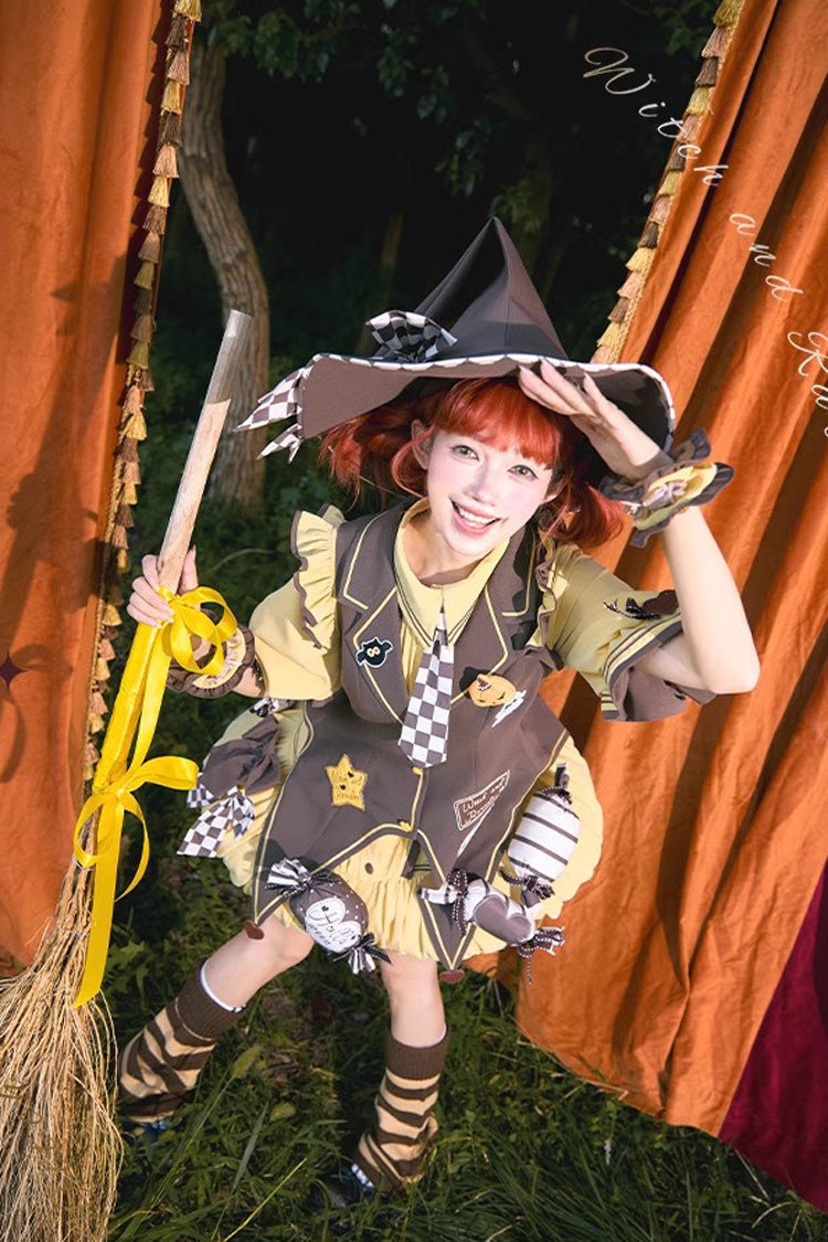 Brown/Yellow [Witch and Paradise] Short Sleeves Ruffle Bowknot Sweet Japanese Halloween Lolita Dress Vest Set - Product - 10