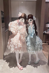 Pink [The Soloist Doll] Long Hime Sleeves Multi-Layered Print Ruffle Bowknot Asymmetric Sweet Lolita Dress - Product - 11