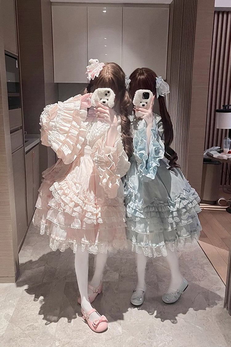 Pink [The Soloist Doll] Long Hime Sleeves Multi-Layered Print Ruffle Bowknot Asymmetric Sweet Lolita Dress - Product - 11