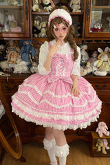 Pink Plaid Print Ruffle Bowknot Lace-Up Sweet Lolita Dress - Pink - 1