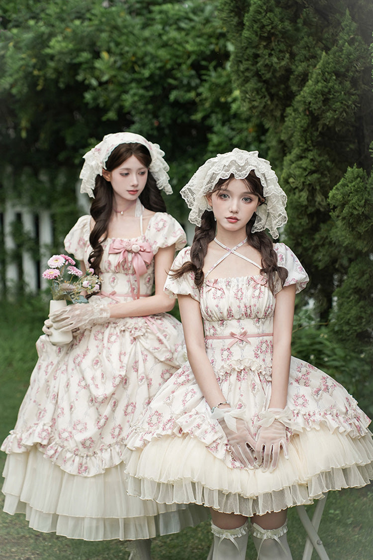 Ivory [Rose After The Rain] Short Sleeves Triple-Layered Print Ruffle Bowknot Lace-Up Sweet Lolita Short Dress - Product - 15