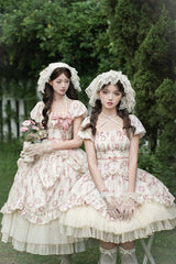 Ivory [Rose After The Rain] Short Sleeves Triple-Layered Print Ruffle Bowknot Lace-Up Sweet Lolita Short Dress - Product - 15