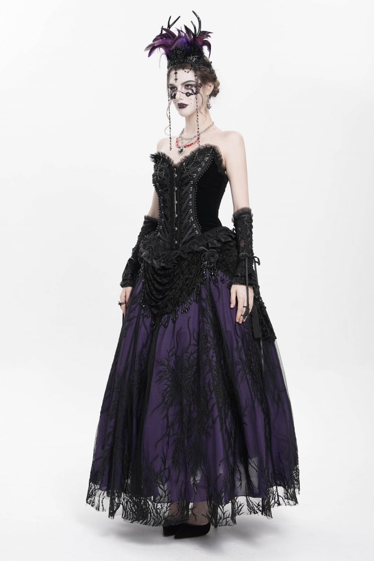 Black Sleeveless Beaded Lace Lace-Up Women's Gothic Overbust Corset - Product - 5