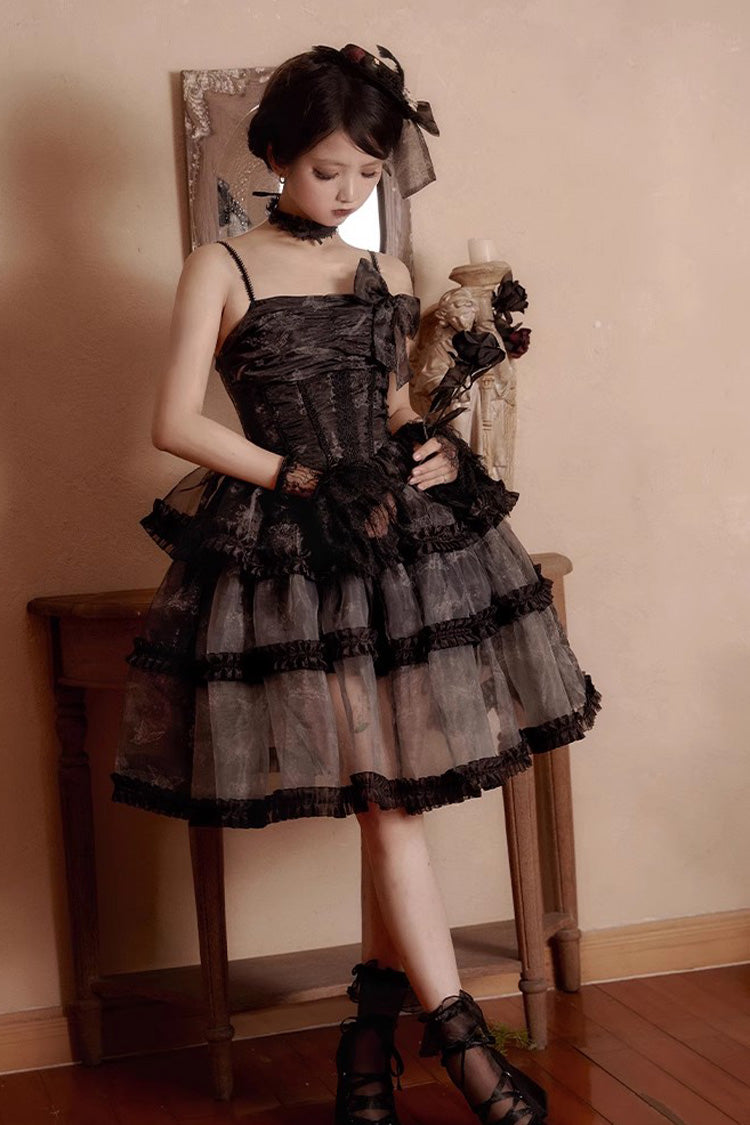 Black Multi-layer Butterfly Print Bowknot Lace Fish Bone Gothic Lolita Jsk Dress - Product - 3