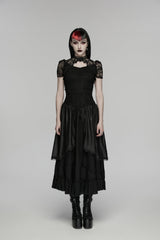 Black High Waisted Multi-Layered Floral Embroidered Lace Pleated Women's Gothic Elegant Cosplay Skirt - Black - 1