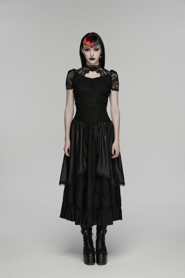 Black High Waisted Multi-Layered Floral Embroidered Lace Pleated Women's Gothic Elegant Cosplay Skirt - Black - 1