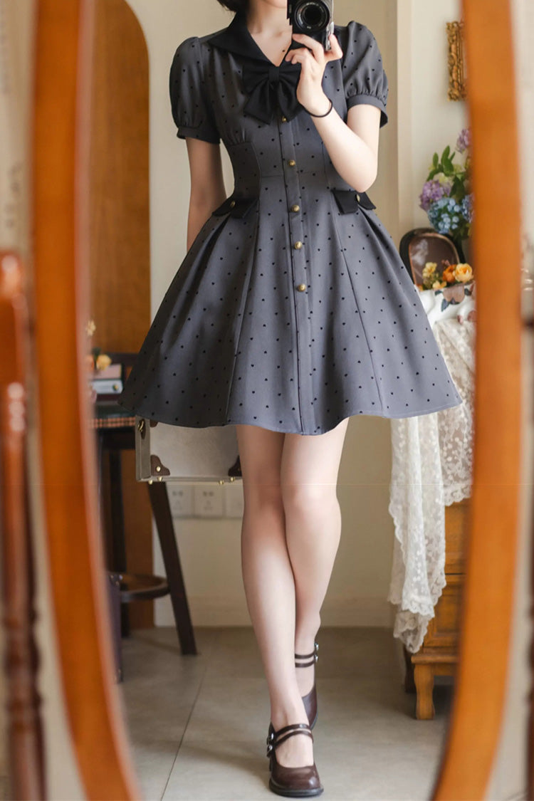 Grey [Forest Boulotty] Lapel Collar Short Sleeves Heart-Shaped Polka Dot Printed Bow Sweet Lolita Dress - Product - 2