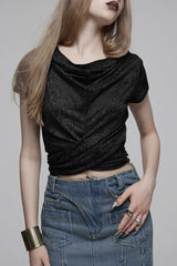 Black Abstract Print Hooded Women's Punk T-Shirt - Black - 1