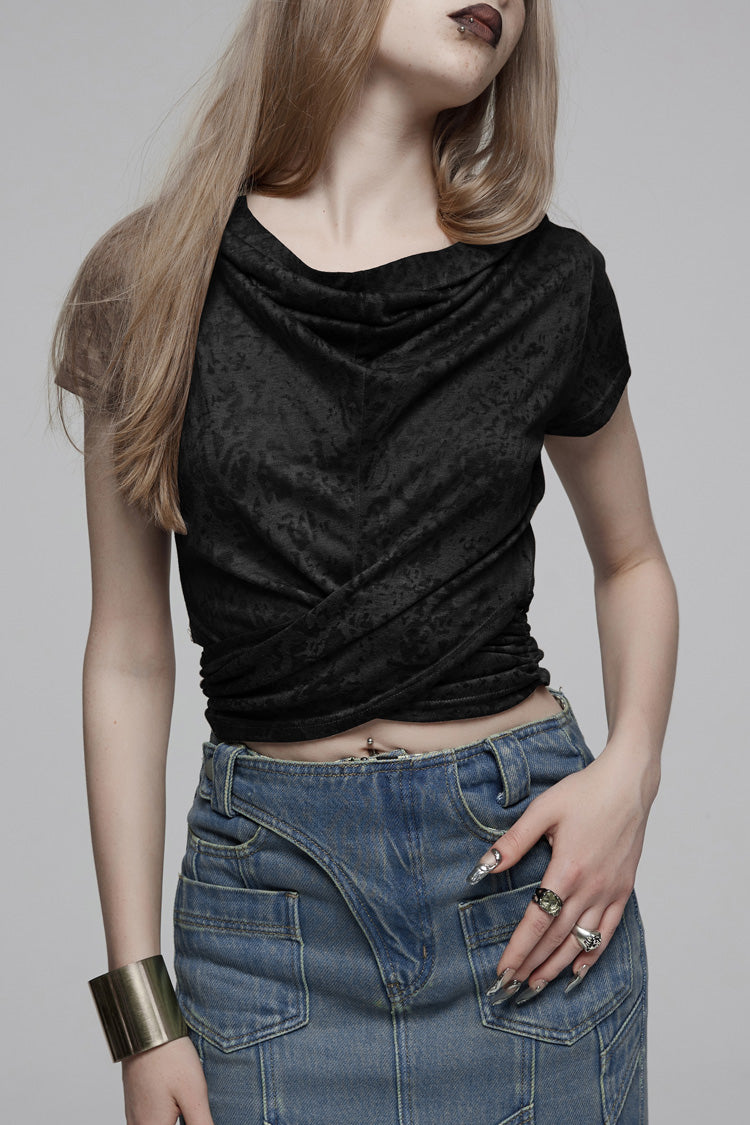 Black Abstract Print Hooded Women's Punk T-Shirt - Black - 1