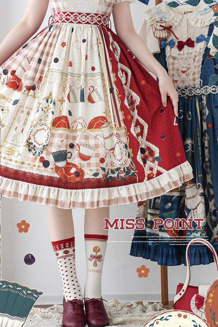 Red [Tea Party] Short Sleeves Print Ruffle Bowknot Lace Sweet Elegant Lolita Dress - Product - 9