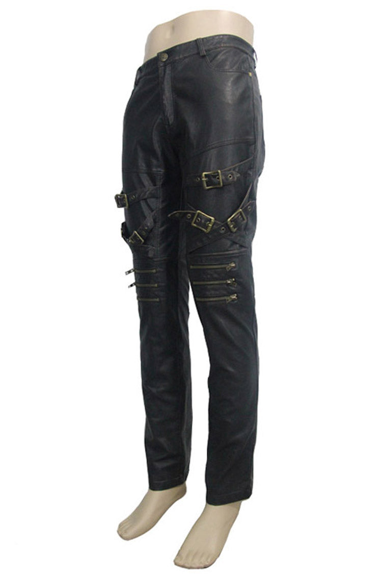 Bronze Multi Loops Zipper Metal Inlay Bandage Hand Rubbed Leather Men's Punk Pants - Product - 5