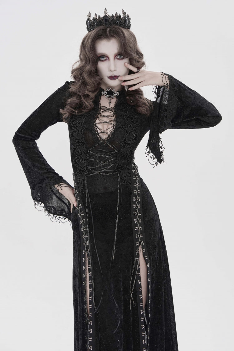Black Halterneck Long Trumpet Sleeves Hanayome Lace Lace-Up Slim Chain-Decorated Women's Gothic Dress Plunging Split Maxi Dress - Product - 8