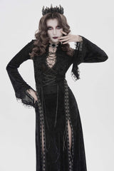 Black Halterneck Long Trumpet Sleeves Hanayome Lace Lace-Up Slim Chain-Decorated Women's Gothic Dress Plunging Split Maxi Dress - Product - 8