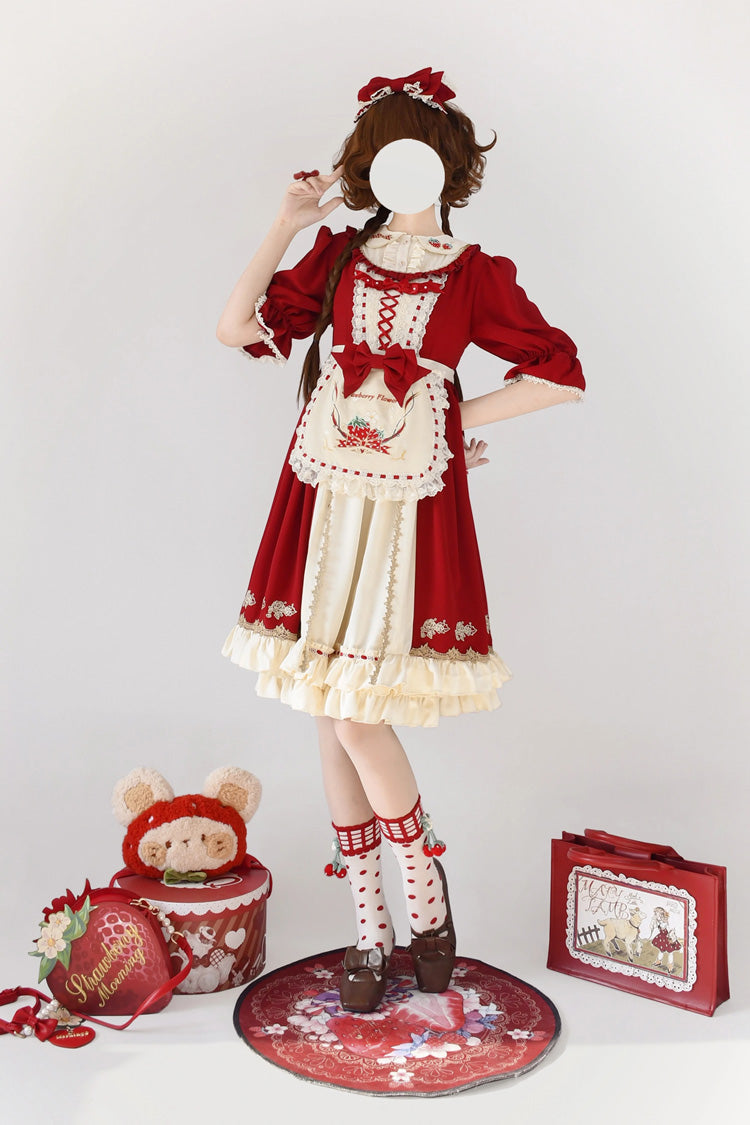 レッド栃木ガール二層フリル刺繍カーディガンスウィートロリータワンピースフルセット 商品画像