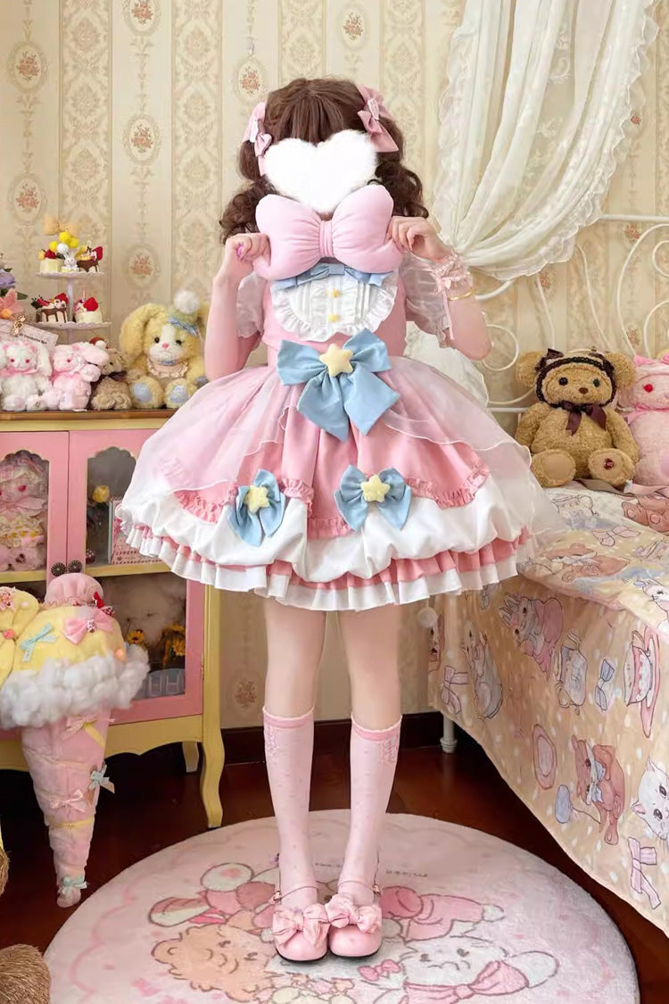 Little Wishing Star Ruffle Bowknot Bud Sweet Lolita Jsk Dress 5 Colors - Pink - 2