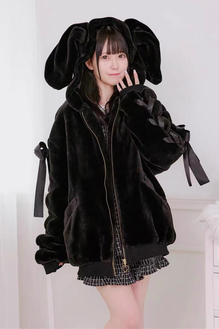 Black Rabbit Ears Long Sleeves Bowknot Lace-Up Hooded Jirai Kei Coat - Black - 1