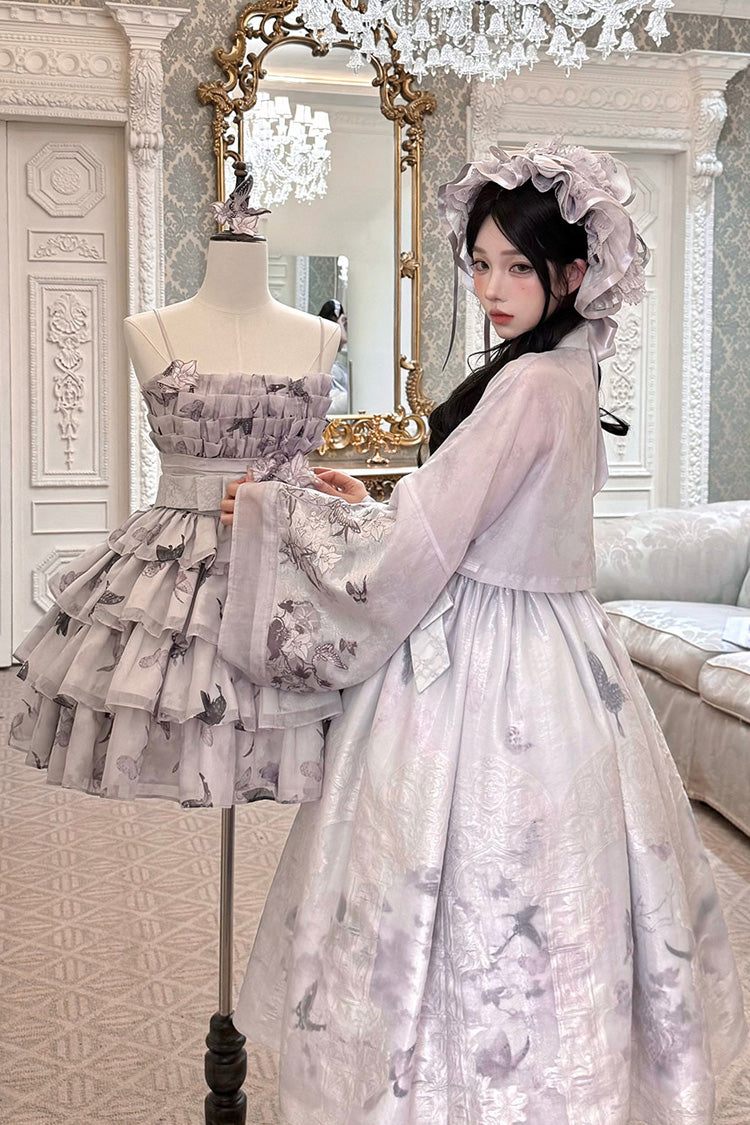 [Stained Glass Dream] Square Collar Sleeveless Printed Embroidered Bow Gothic Lolita Jsk Dress 2 Colors(Black/Purple, White/Purple) - Product - 7