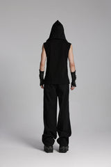 Black V Collar Sleeveless Hooded Mesh Eyelets Men's Punk Vest - Product - 6