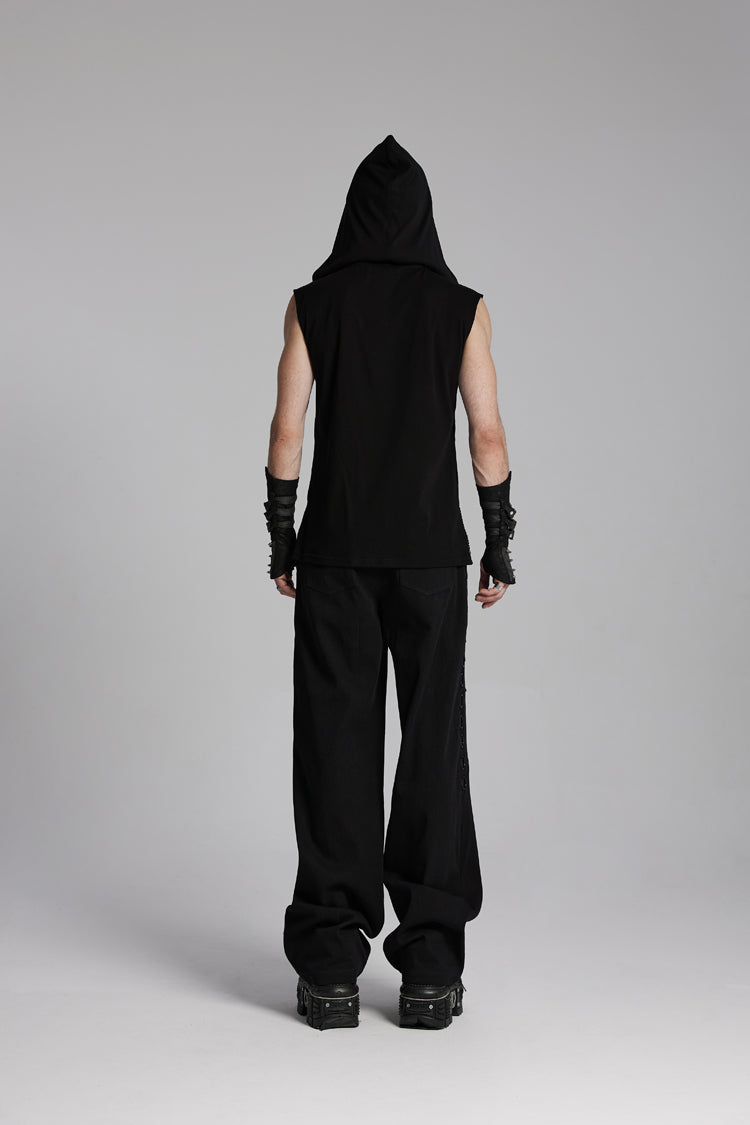 Black V Collar Sleeveless Hooded Mesh Eyelets Men's Punk Vest - Product - 6