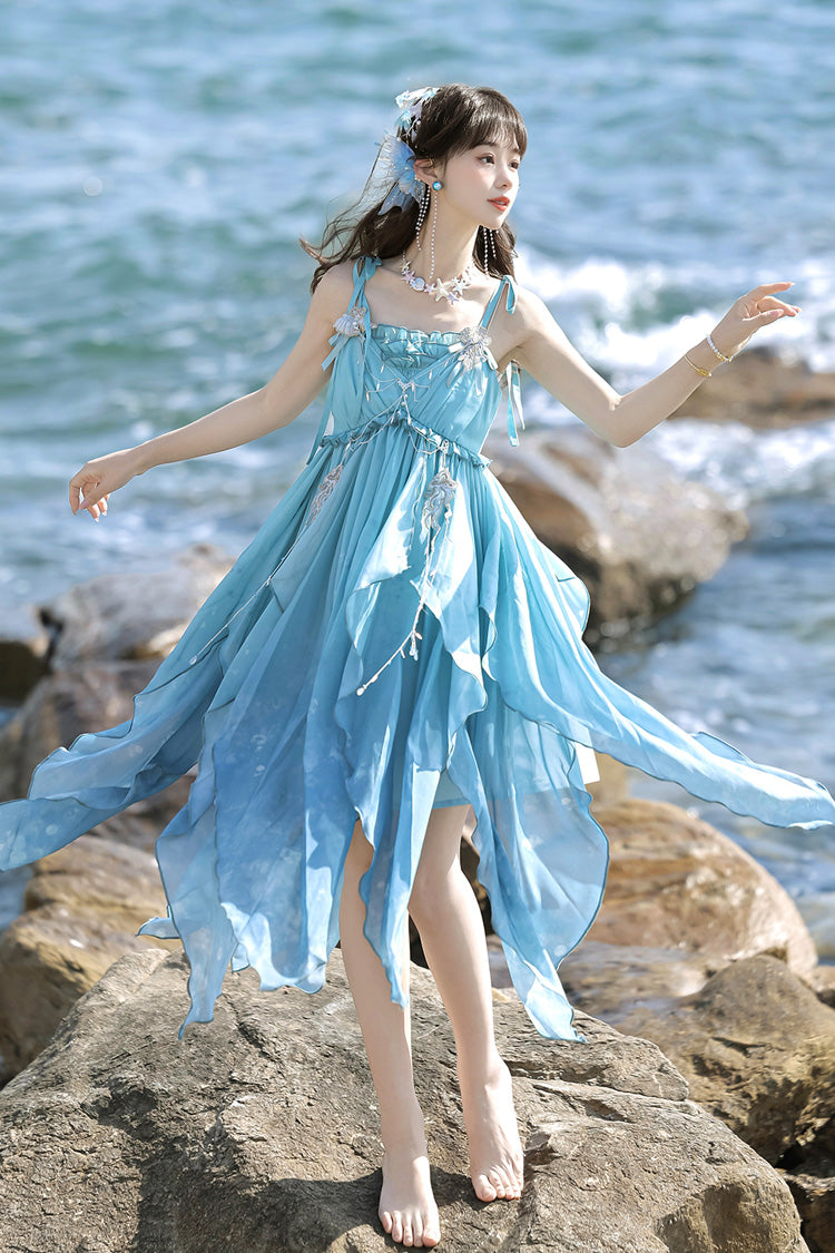 Blue [Ocean Sprite] Gradient Print Irregular Hooded Sweet Lolita Jsk Dress Cloak Set - Product - 8