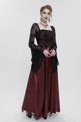 Red Lace Pointy Large Sleeves Back Middle Zipper Satin Long Floor Length Women's Gothic Dress - Product - 2