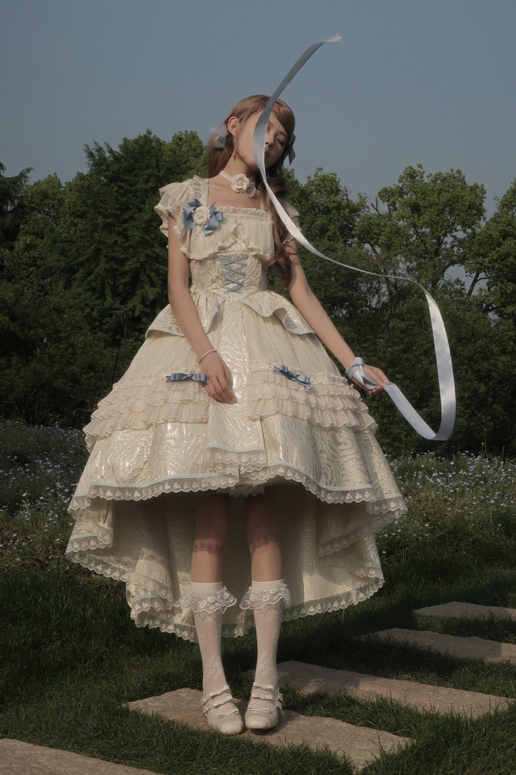 Ivory/Blue [Tycoon's Daughter] Ruffle Bowknot Sweet Elegant Princess Lolita Jsk Dress - Product - 4