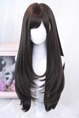 Black Tea Brown Side-Swept Bangs Long Straight Sweet Japanese Lolita Wig - Product - 2