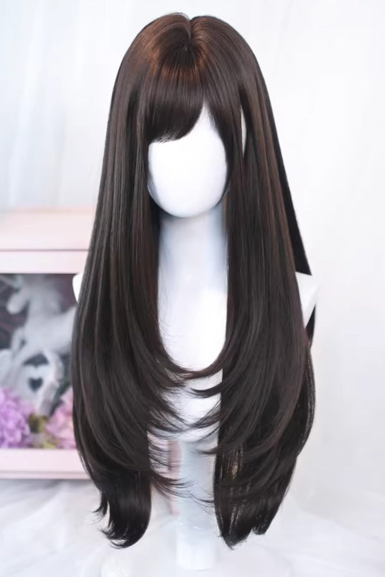 Black Tea Brown Side-Swept Bangs Long Straight Sweet Japanese Lolita Wig - Product - 2