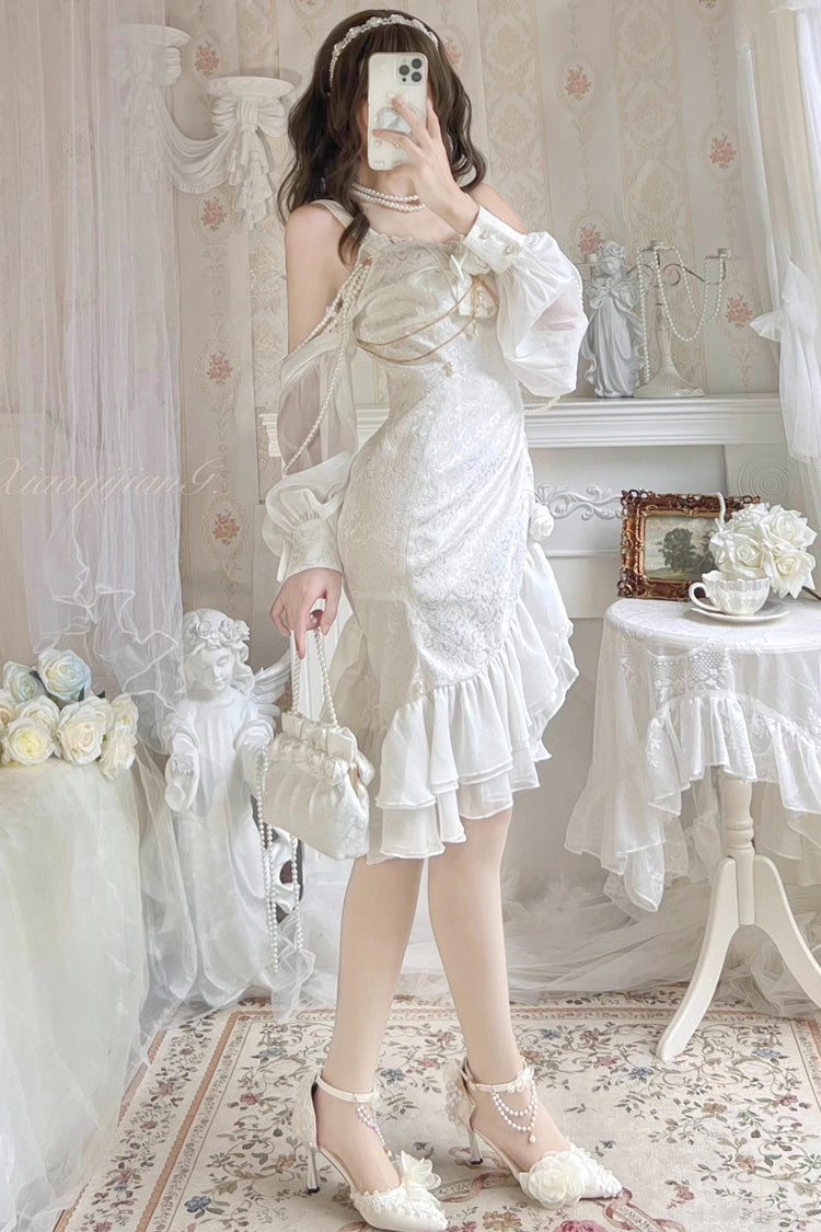 White [Camellia 2.0] Sleeveless Jacquard Ruffle Lace Asymmetric Sweet Chinese Style Fishtail Lolita Jsk Dress - White - 1