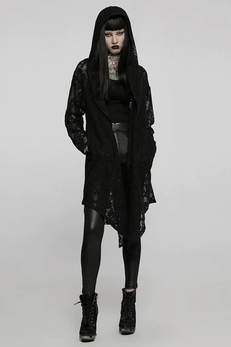 Black Floral Print Hollow Mesh Hooded Womens Gothic Coat - Product - 4