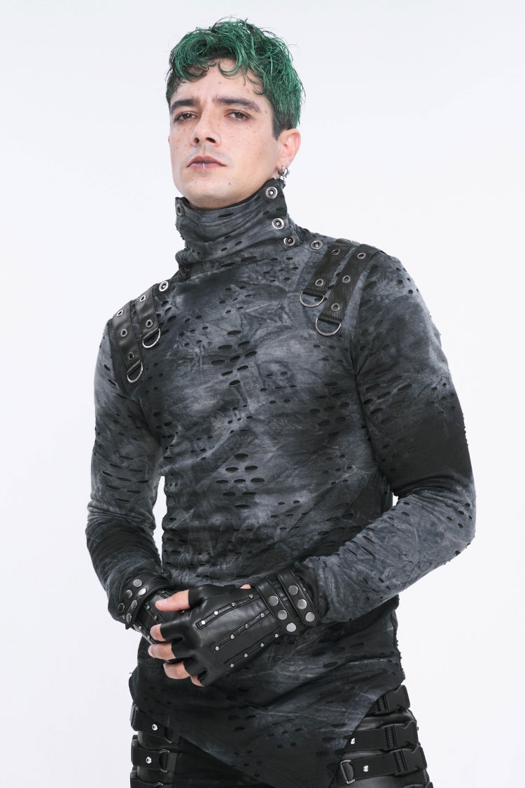Black Studded Buckled Men's Punk Accessory Faux Leather Half-finger Gloves - Product - 3