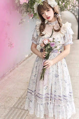 Purple [Summer Flower Wall] Short Sleeves Printed Ruffled Bow Lace Sweet Elegant Lolita Dress with Padded Bust - Product - 3