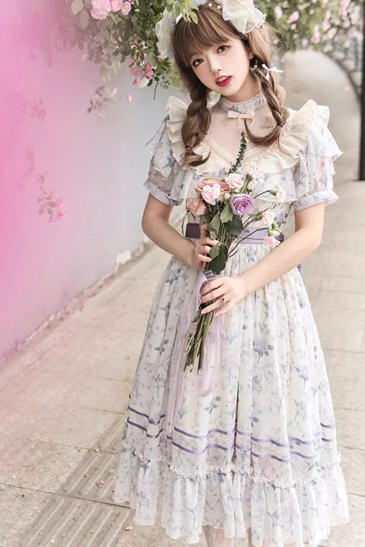 Purple [Summer Flower Wall] Short Sleeves Printed Ruffled Bow Lace Sweet Elegant Lolita Dress with Padded Bust - Product - 3