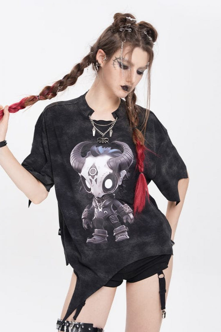 Black Short Sleeves Hitt Print Irregular Women's Punk T-Shirt - Product - 3
