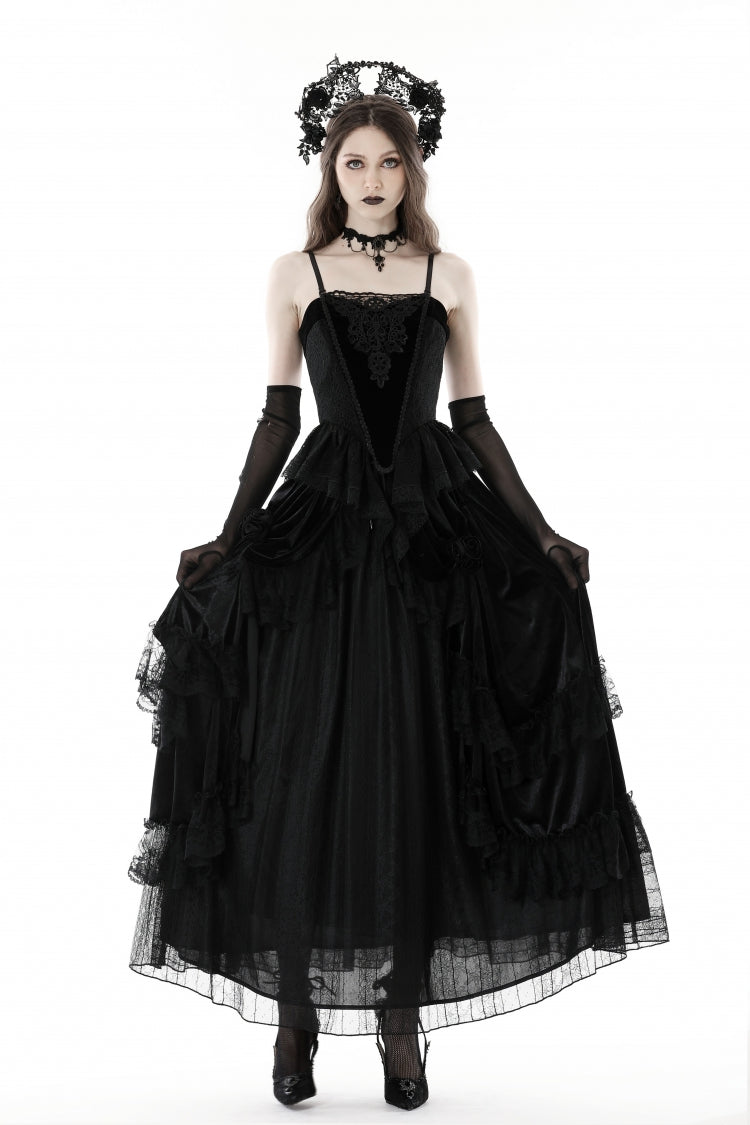 Black Sleeveless Floral Embroidered Velvet Women's Gothic Corset - Product - 7