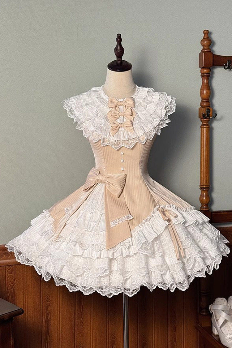 Champagne [Miss Tsundere] Sleeveless Multi-Layered Ruffle Bowknot Lace Asymmetric Sweet Princess Lolita Dress - Champagne - 1