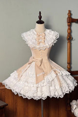 Champagne [Miss Tsundere] Sleeveless Multi-Layered Ruffle Bowknot Lace Asymmetric Sweet Princess Lolita Dress - Champagne - 1