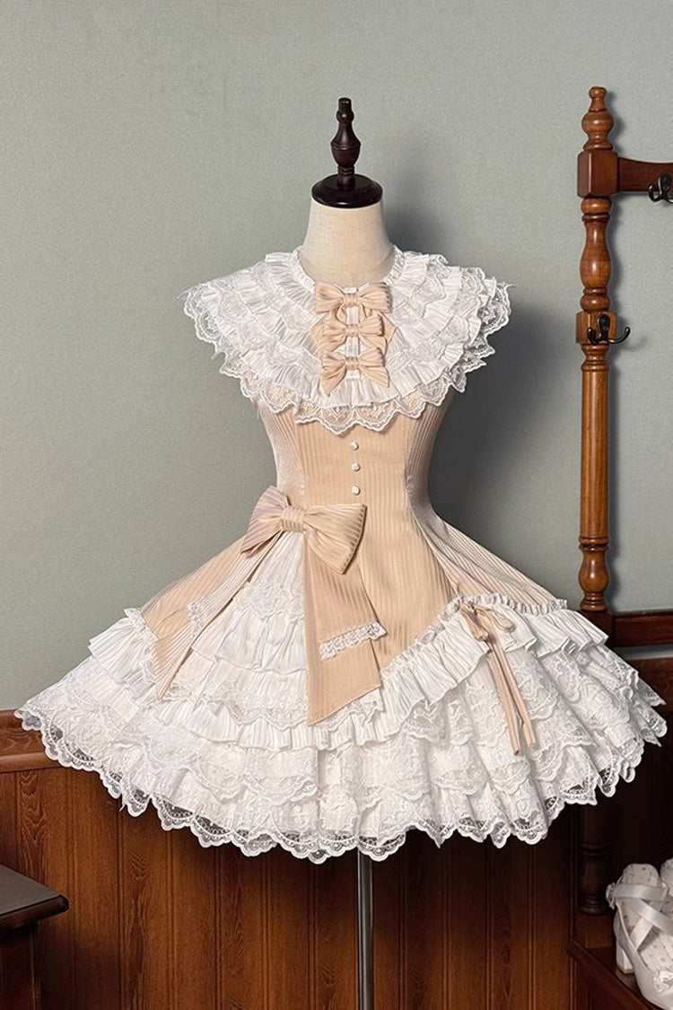 Champagne [Miss Tsundere] Sleeveless Multi-Layered Ruffle Bowknot Lace Asymmetric Sweet Princess Lolita Dress - Champagne - 1