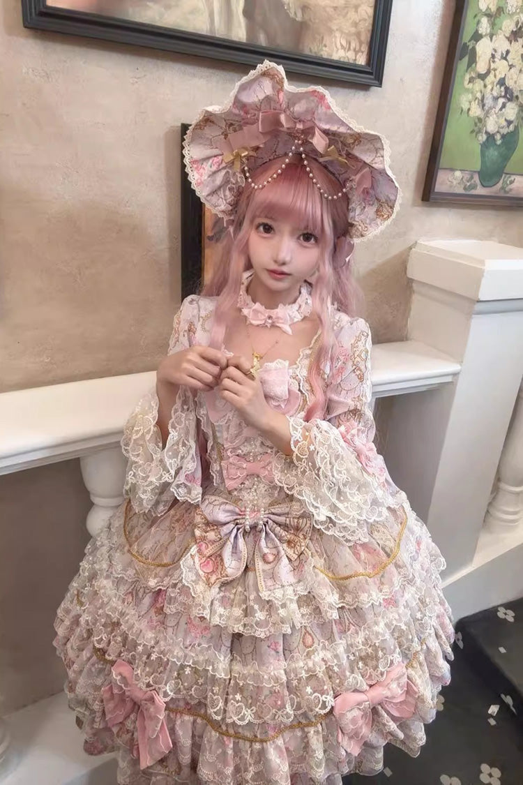 Purple [Candlelight Elegance] Long Trumpet Sleeves Multi-Layered Ruffle Bowknot Lace Sweet Elegant Lolita Dress - Product - 12