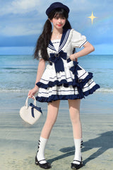Dark Blue Navy Style Short Sleeves Double Layer Ruffle Bowknot Lace Sweet Lolita Dress - Product - 4