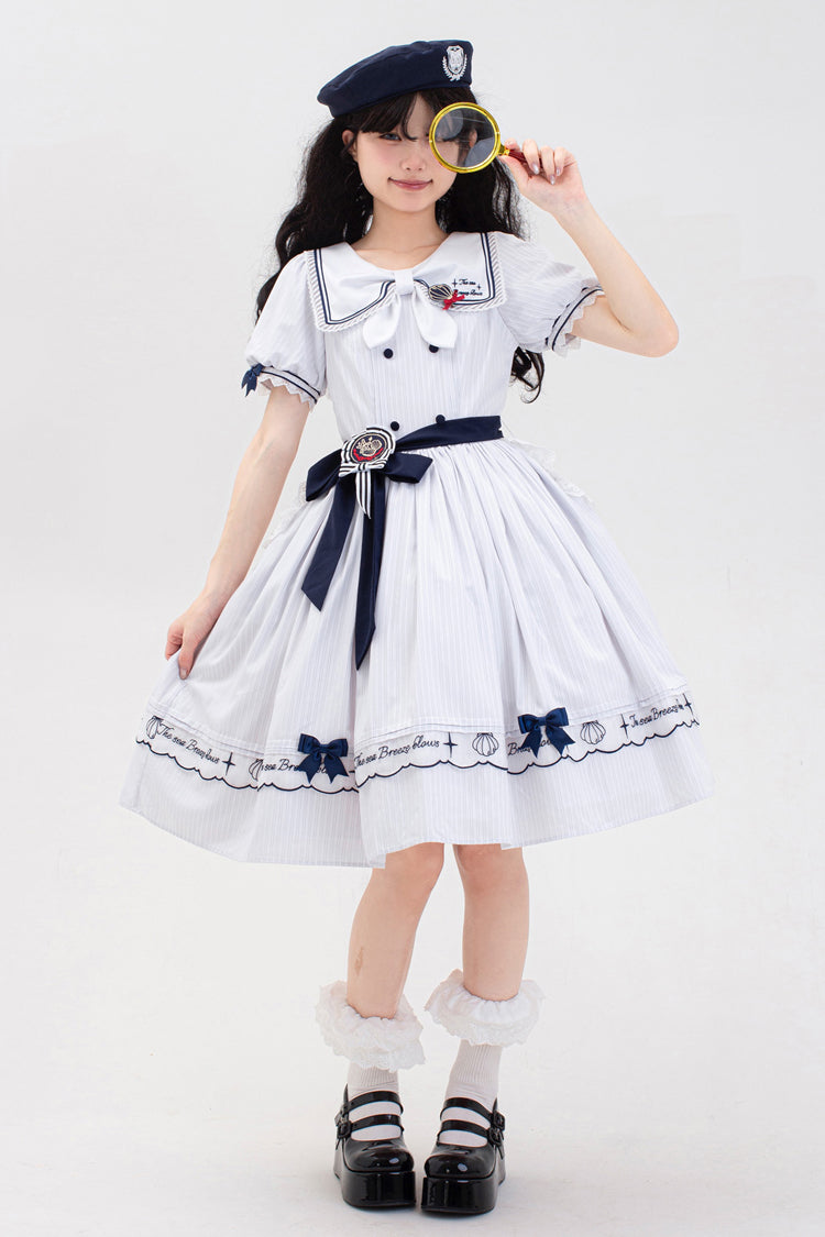 White Navy Stripe Print Short Sleeves Ruffle Embroidery Sweet Lolita Dress - Product - 6