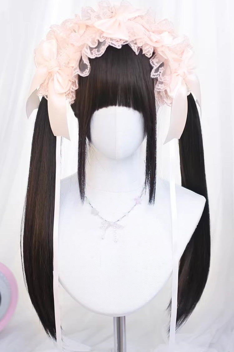 Deep Black Tea Brown Long Straight Twin Pigtails Daily Sweet Lolita Wig - Deep-Black-Tea-Brown - 1